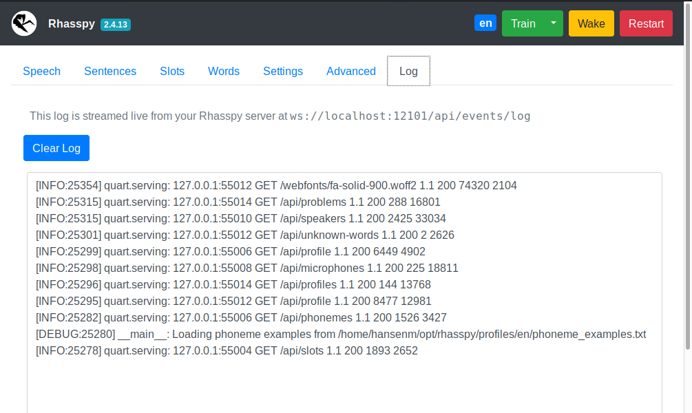 Web interface log tab