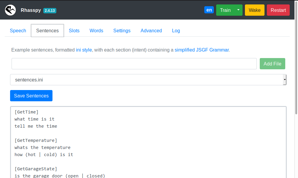 Web interface sentences tab