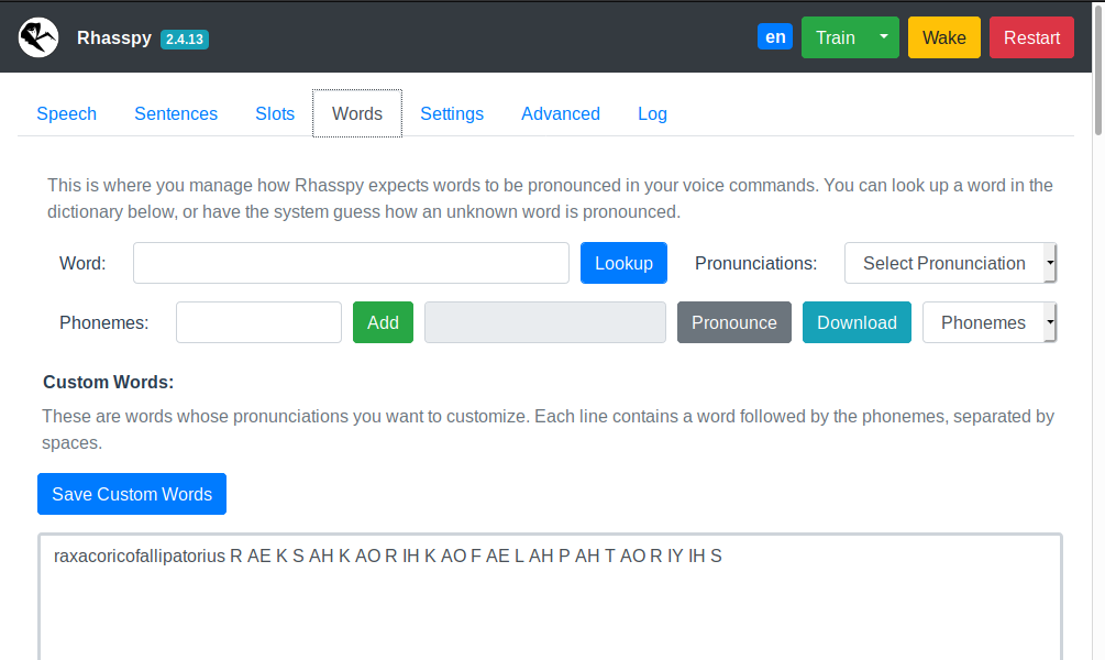 Web interface words tab